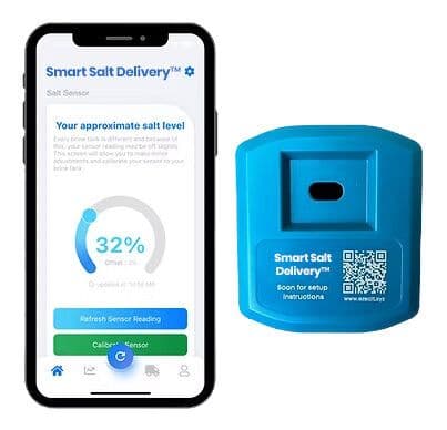 Smart Salt Delivery sensor and mobile app showing real-time water softener salt level tracking