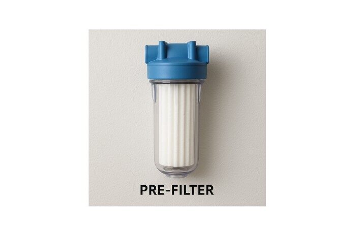 Pre-filter cartridge for a water softening system mounted on a wall