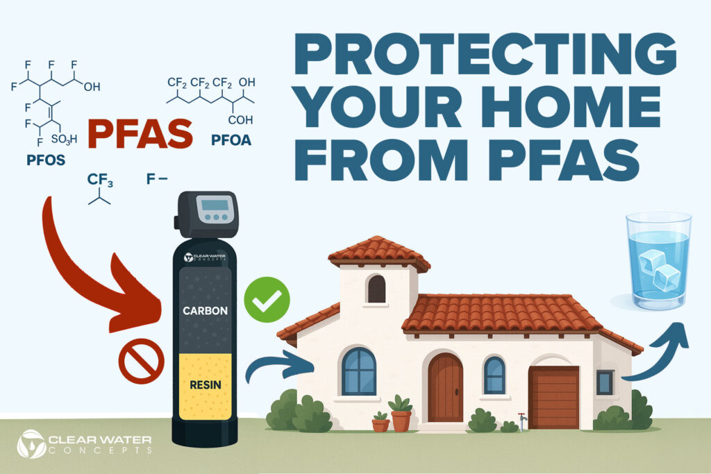 PFAS filtration system illustration showing carbon and resin media protecting a home from water contamination