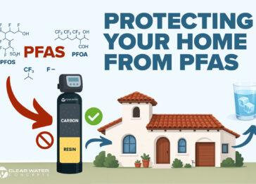 PFAS filtration system illustration showing carbon and resin media protecting a home from water contamination