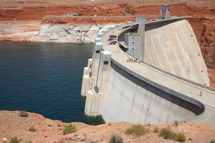 Aerial view of a large dam supplying water to Arizona