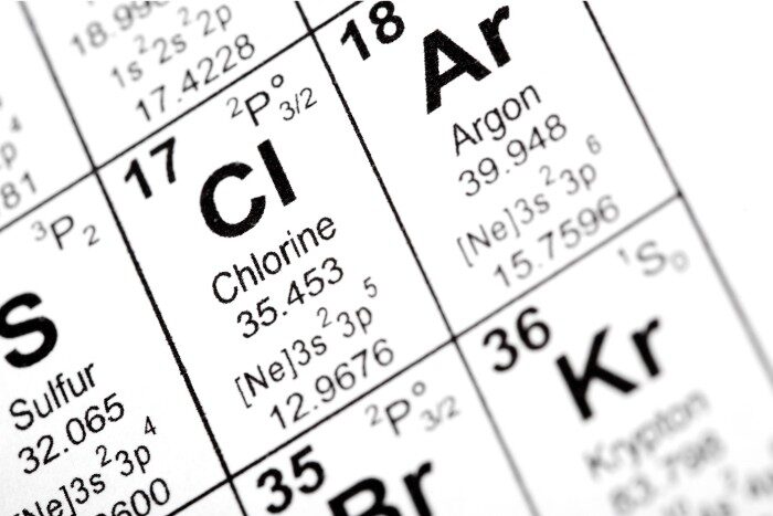 Close-up of chlorine element on the periodic table
