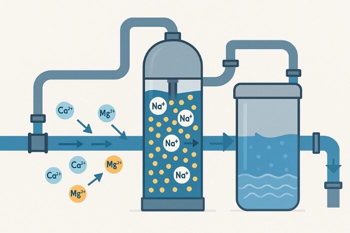 Illustration of ion exchange in a salt-based water softener system