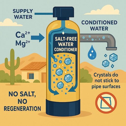 Educational diagram showing hard‑water ions entering a yellow tank, crystallizing, and leaving as conditioned water with no salt or regeneration needed