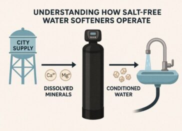 Diagram showing how dissolved minerals flow through a salt-free water softener