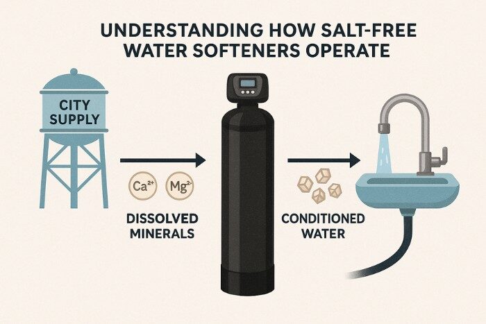 Diagram showing how dissolved minerals flow through a salt-free water softener