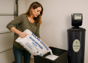 Phoenix homeowner refilling a water softener with solar salt crystals