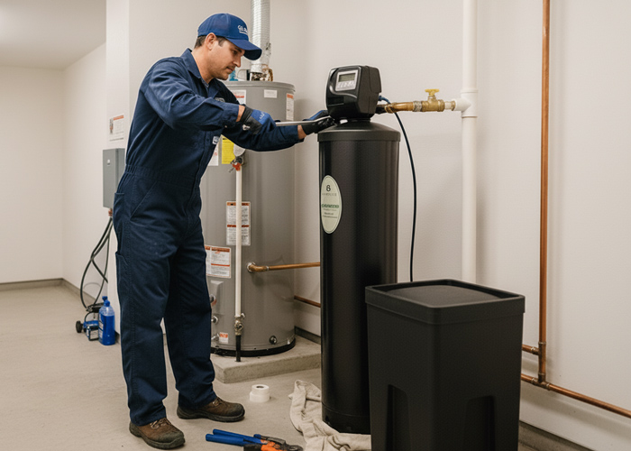 a professional water softening technician actively installing a whole-house water softener system in a residential utility room in phoenix arizona