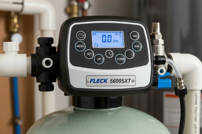 Digital control valve regulating regeneration on whole house water softener