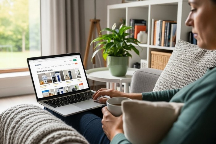 Homeowner researching whole house water softener systems online