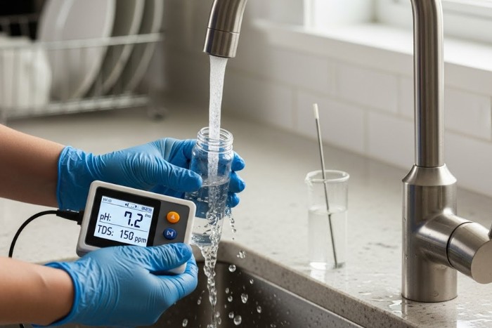Residential water quality test showing hardness levels as part of water softener system service