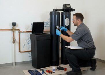 Technician servicing residential water softener system in Phoenix