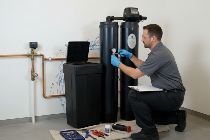 Technician servicing residential water softener system in Phoenix