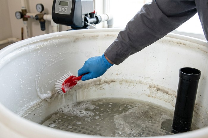 Cleaning a water softener brine tank to prevent residue and improve performance