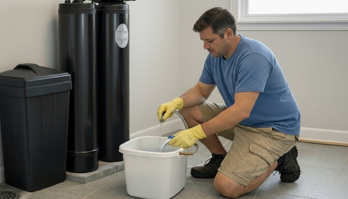 Phoenix homeowner performing DIY water softener cleaning