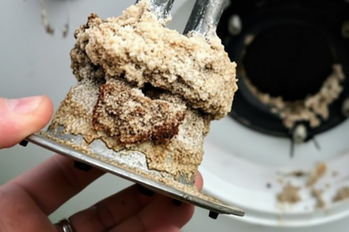 Removing crusted salt bridge as part of Phoenix water softener cleaning