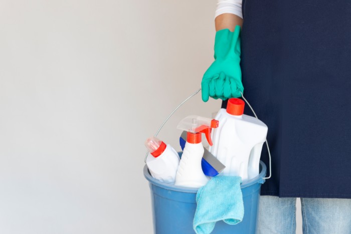 Water softener cleaning supplies in a bucket