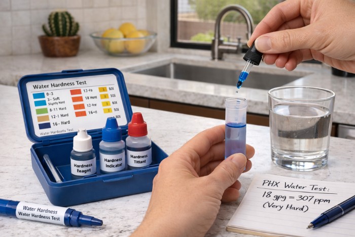 Drop count titration kit measuring Phoenix water hardness before softener purchase