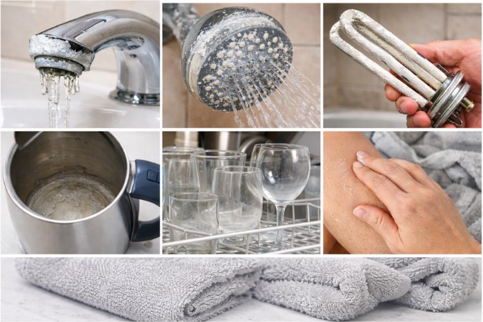 Permanent hardness symptoms shown on fixtures dishes laundry skin and appliances
