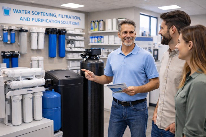 Water Specialist consultation in a Phoenix water treatment showroom for softeners, filters, and RO systems