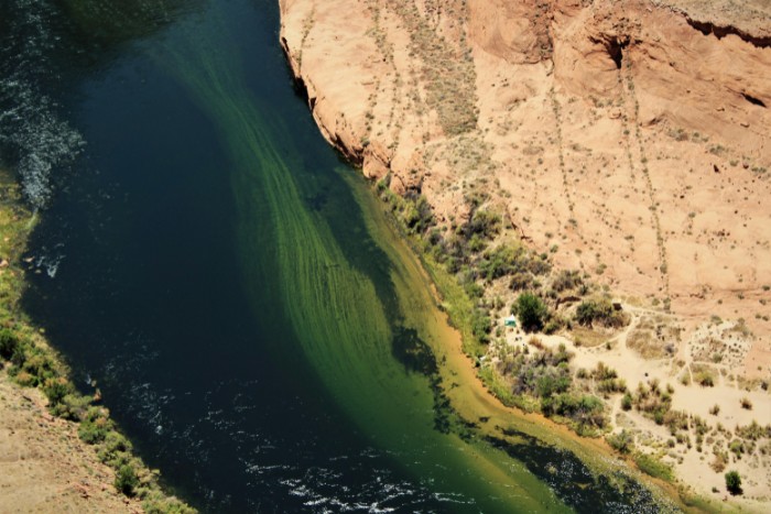 Aerial view of a desert river source that contributes to Phoenix area water supply