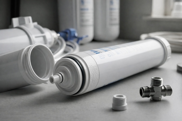 Reverse osmosis membrane partially removed from white housing during under sink system maintenance