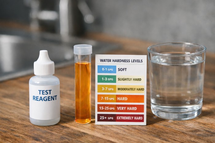 Test reagent and hardness chart displaying extremely hard water in Phoenix